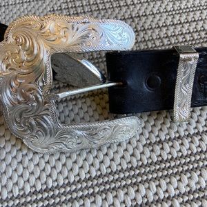 Black Leather Floral Montana Silversmith Buckle Silver Plated Western Belt